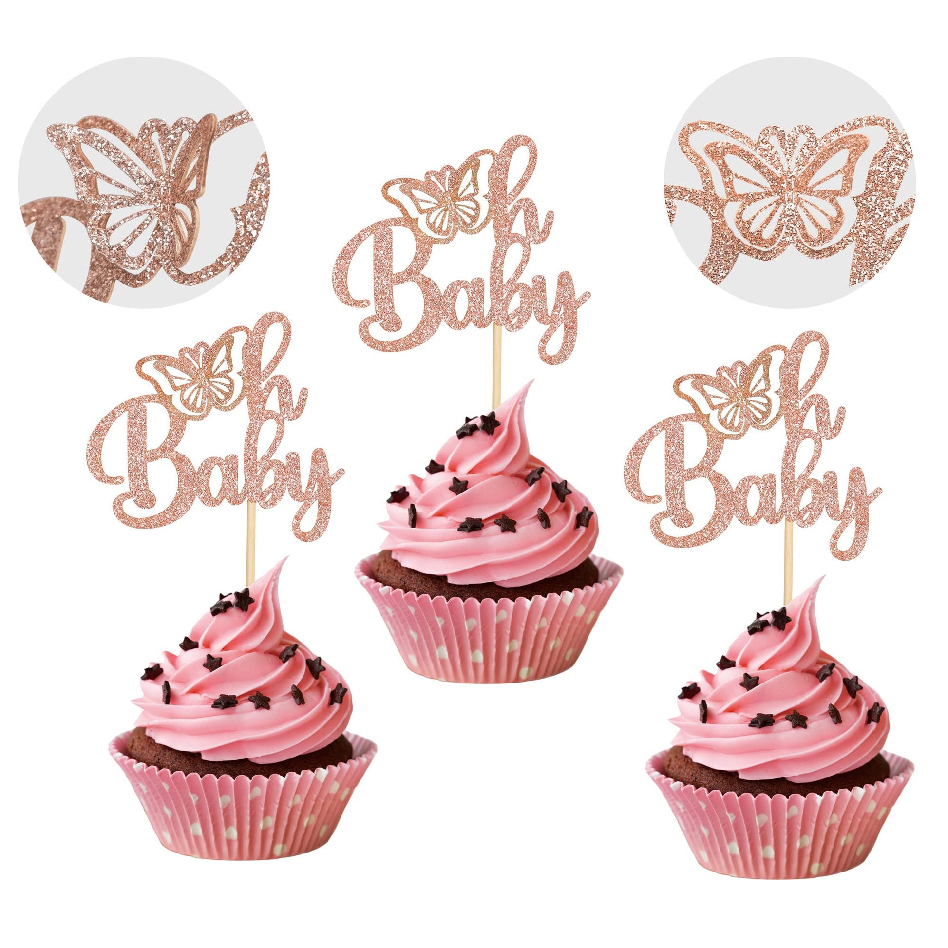 Gyufise 24Pcs Rose Gold Glittery Oh Baby Butterfly Cupcake Toppers Baby Shower Girl Decoration Baby Shower Cupcake Toppers Gende