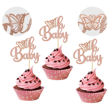 Gyufise 24Pcs Rose Gold Glittery Oh Baby Butterfly Cupcake Toppers Baby Shower Girl Decoration Baby Shower Cupcake Toppers Gende