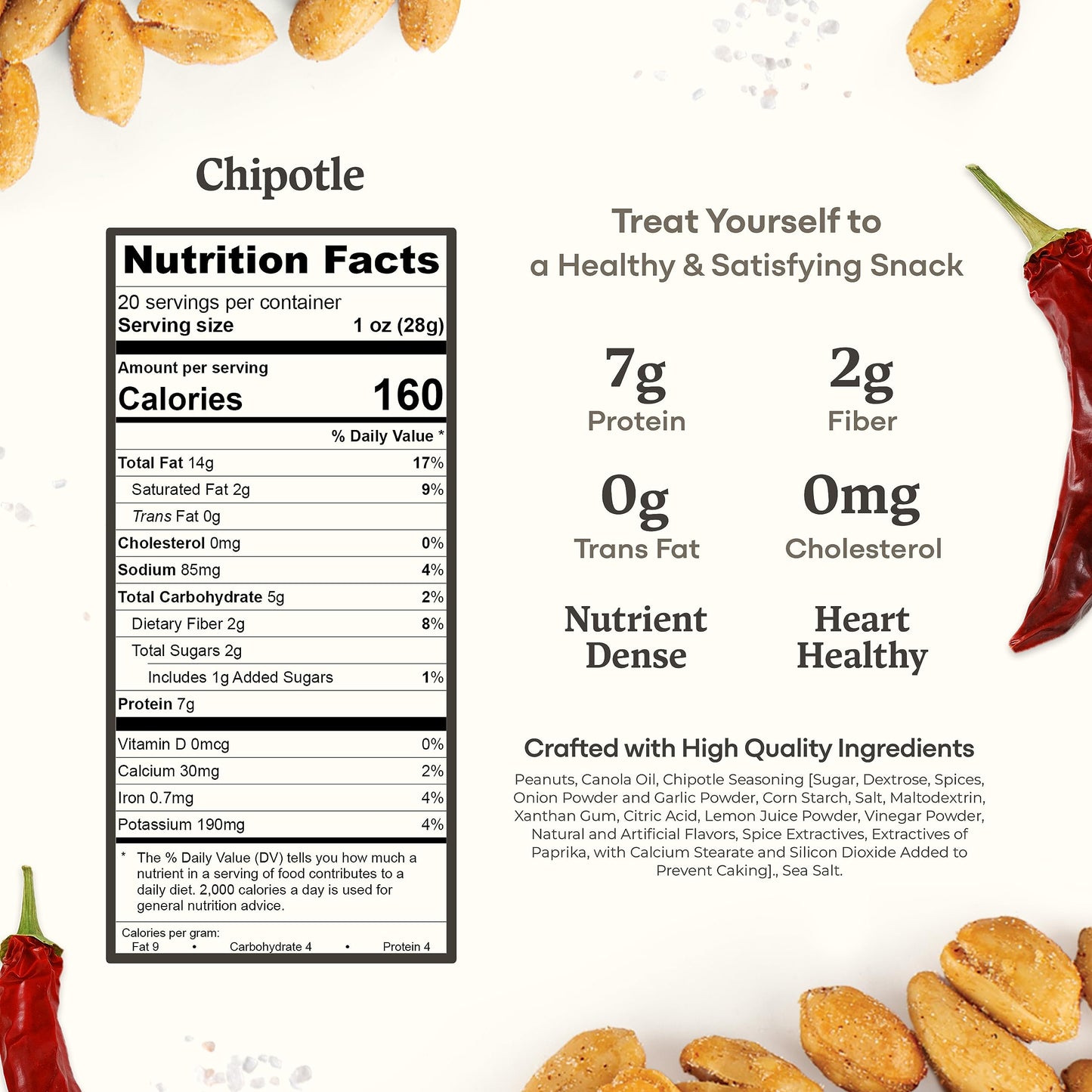 Belmont Peanuts Gourmet Chipotle & Sea Salt Peanuts, 20 oz, No Preservatives, 7g Protein, Hand Seasoned Snack