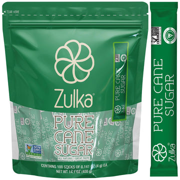 Zulka 100 Individual Sugar Packets for Coffee, 0.14 oz | All Natural & Non-GMO - Pure Cane Sugar Sticks, Az  car Pura de Caa en 