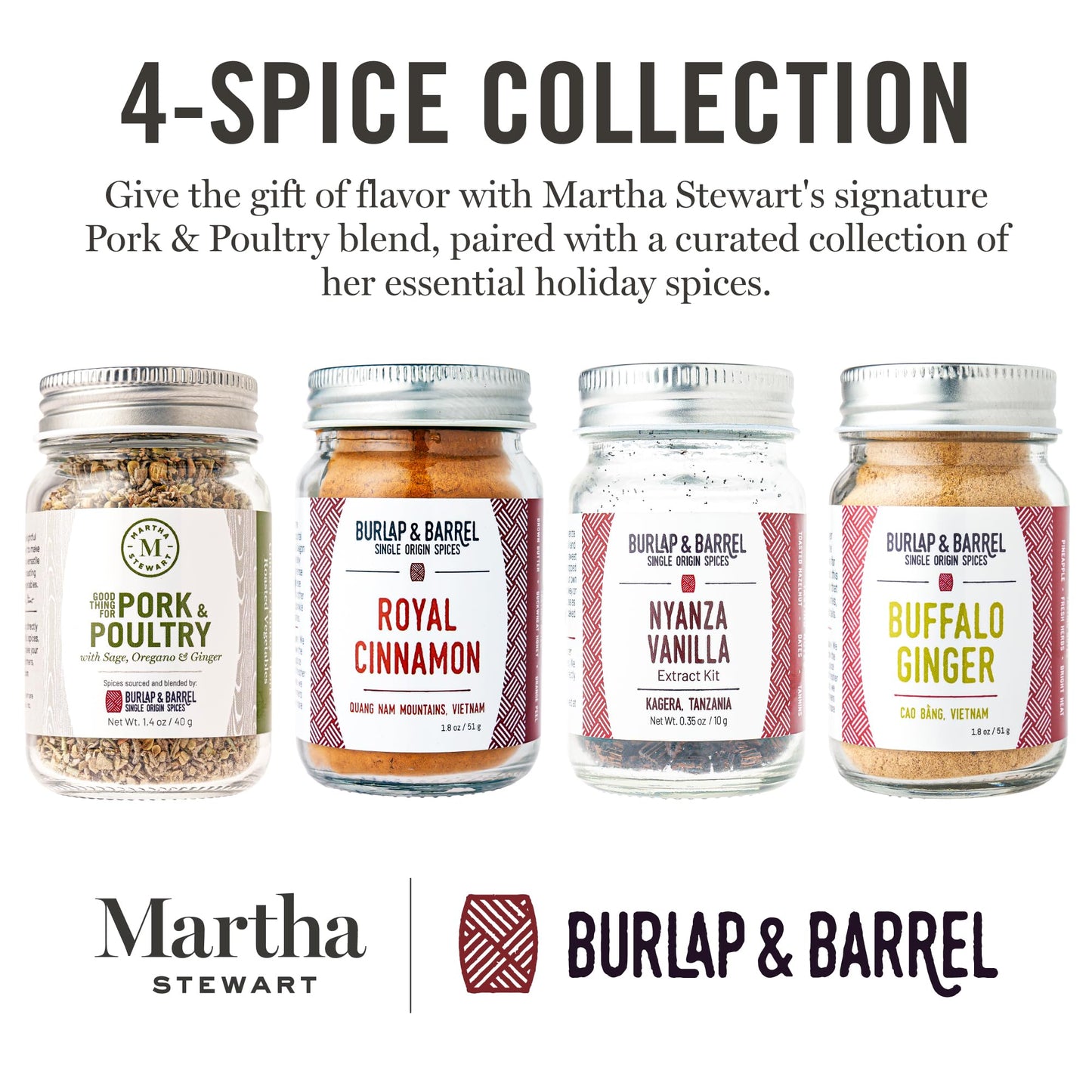 Martha Stewart 4-Spice Gift Set - Marthas Essential Baking Spices And Her Savory Pork & Poultry Seasoning - For Cooking & Baking - Cinnamon, Vanilla & More - Kitchen Gift For Cooks - 4 Full Size Jars