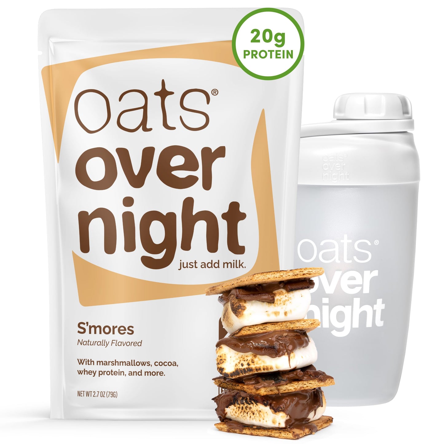 Oats Overnight Smores Overnight Oats - 22g Protein, High Fiber, Gluten Free, 9 Piece Set, Non GMO, 8 Pack + BlenderBottle