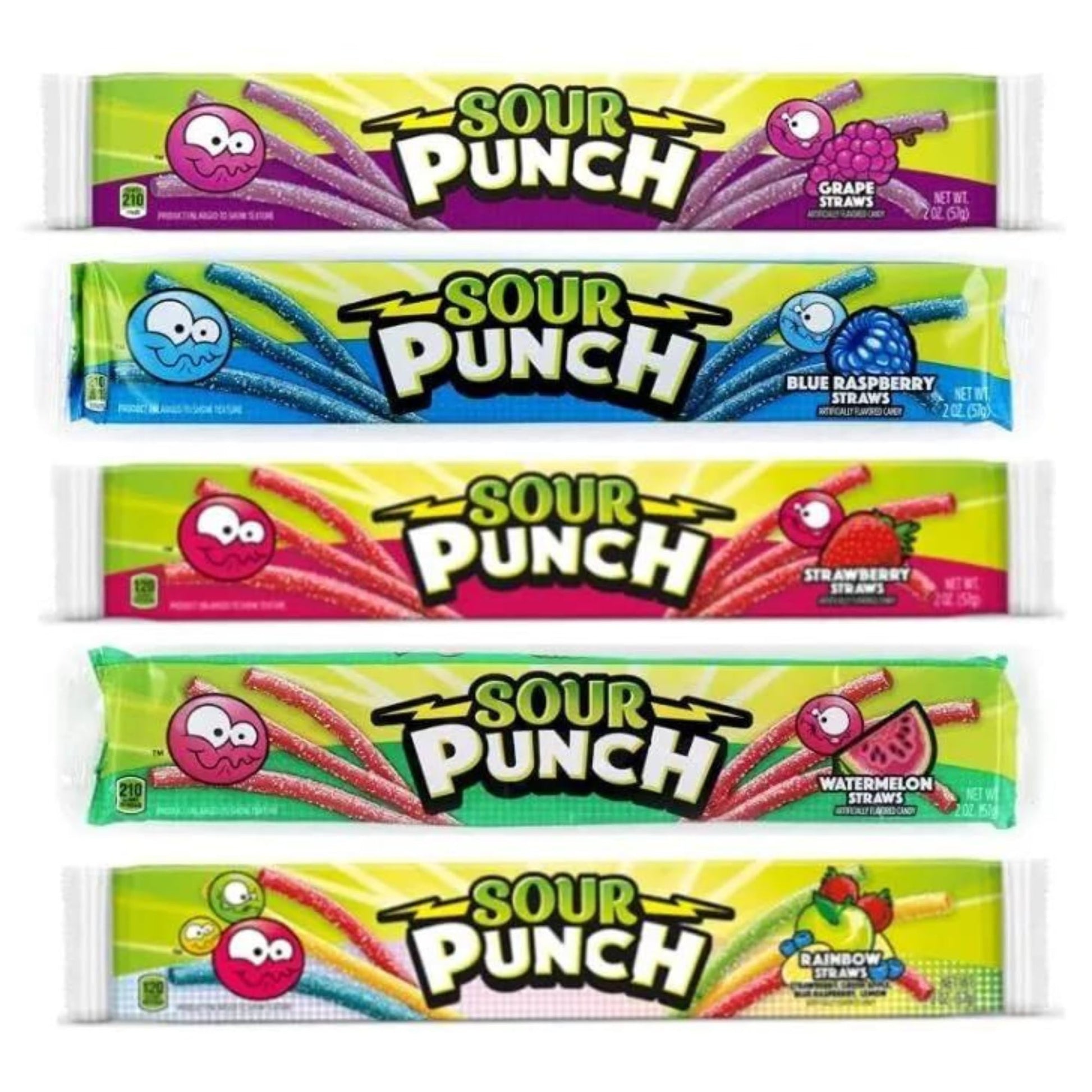 Sour Punch Straws Bundle 5 Items Gift Assortment 2 ounce pack each, 5 packs total (Assortment - Grape, Blue Raspberry, Strawberr