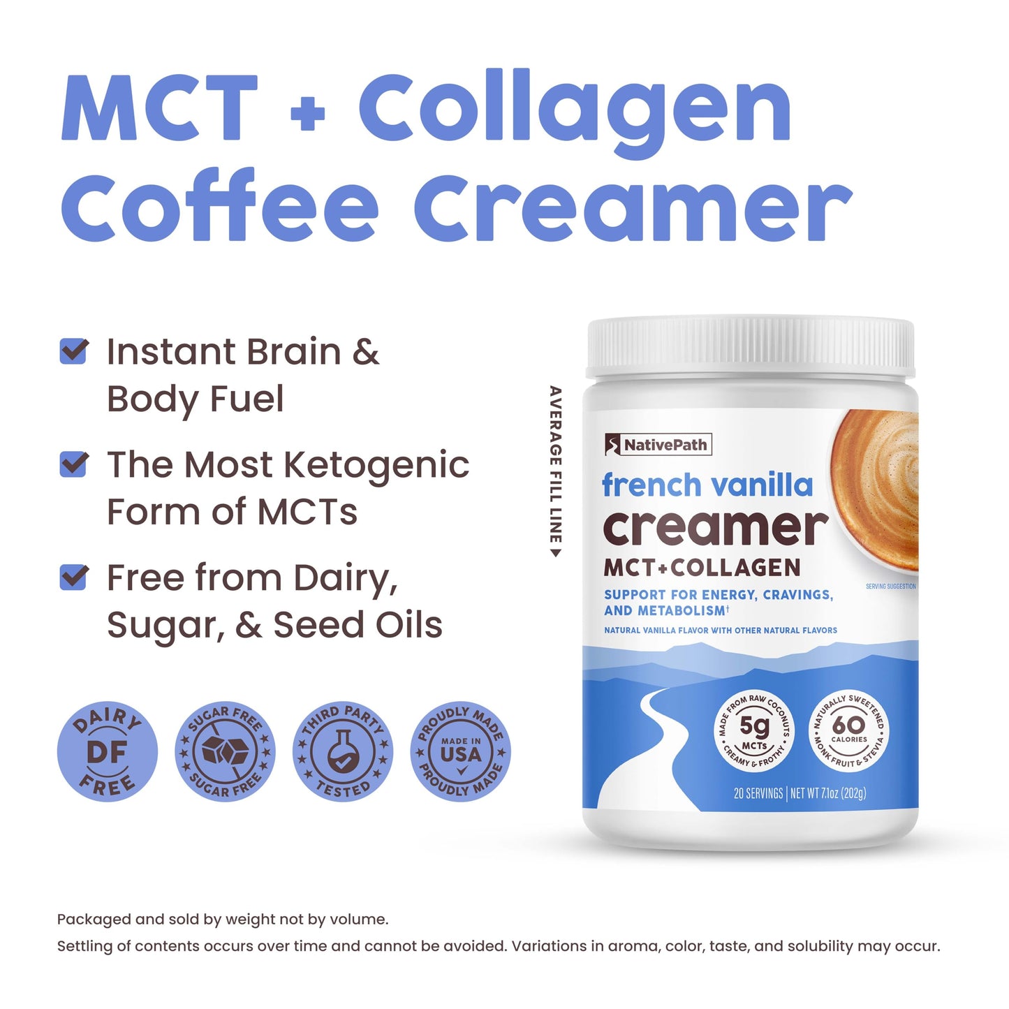 Nativepath Keto Coffee Creamer Powder French Vanilla - Keto-Friendly, Non-Dairy & Low Sugar Creamer. Made With Grass-Fed Collage