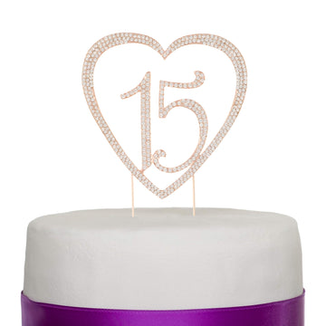 Ella Celebration Quinceaera Number 15 Cake Topper Rhinestone Metal 15Th Birthday Decoration (Rose Gold)