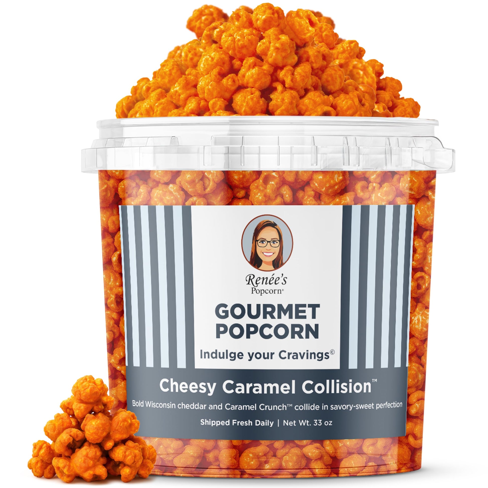 Renées Popcorn Cheesy Caramel Collision Gourmet Popcorn - Buttery Caramel & Wisconsin Cheddar - 33 oz Bucket