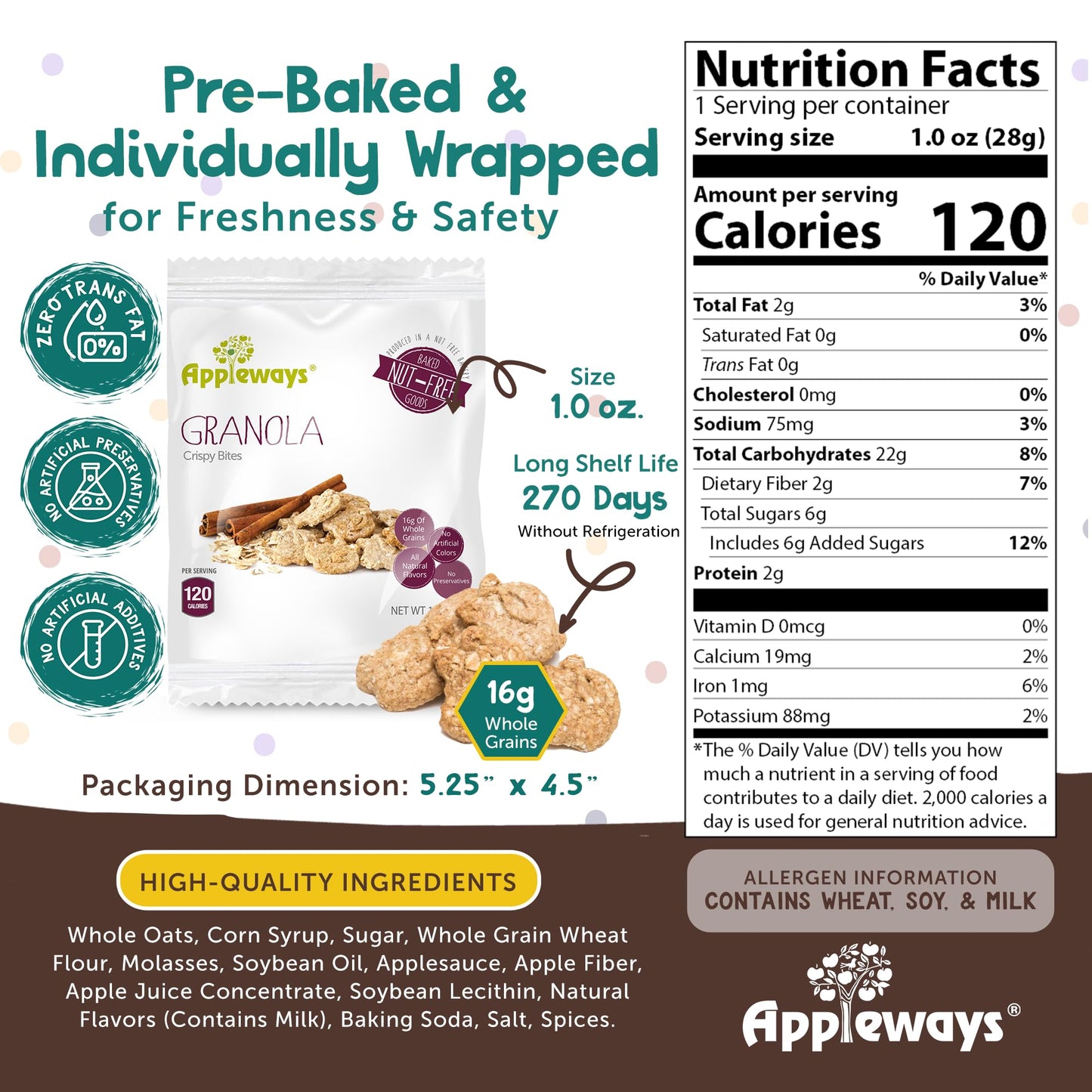 Appleways Crispy Granola Bites, Pack of 20 (1 oz Each), Granola Mini Snacks Individually Wrapped Healthy with No Preservatives.