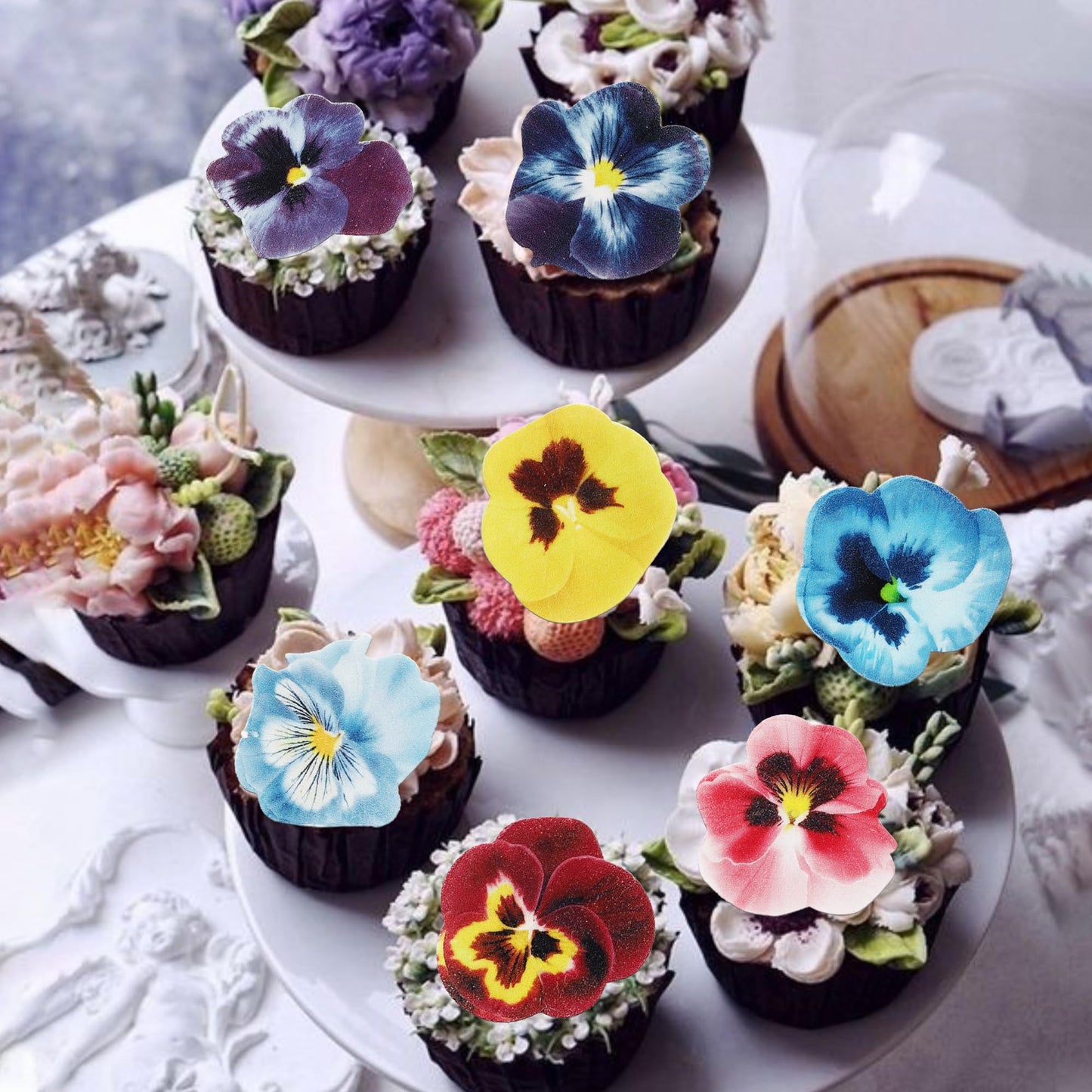 60 Pcs Edible Flowers Cupcake Toppers Edible Spring Bridal Engagement Pansies Cake Decorations Wafer Paper Flowers Cupcake Picks