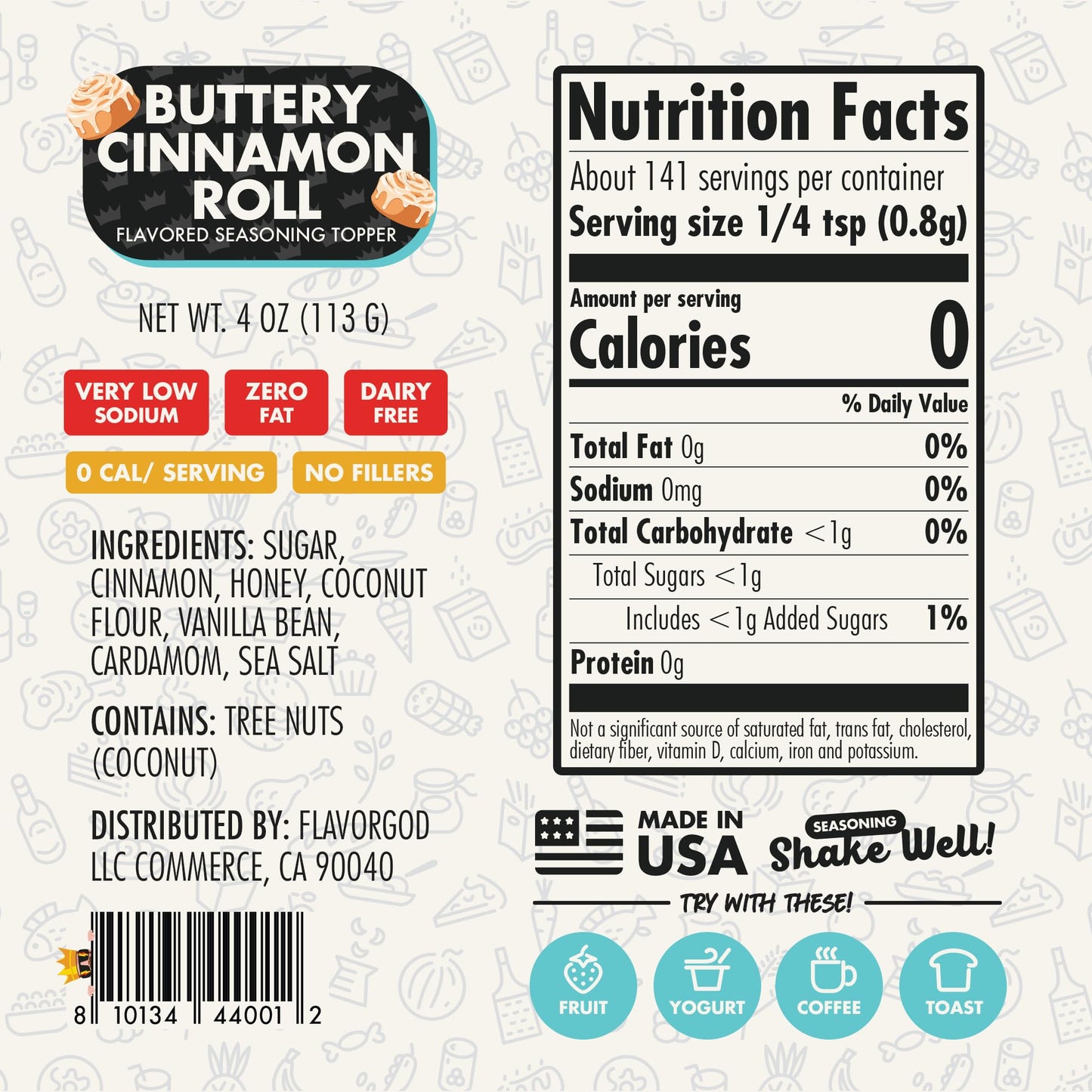 Flavor God 2 Bottles Buttery Cinnamon Roll Seasoning Topper Mix, Natural Healthy Blend, Bread, Pudding, Coffee Sprinkles, Oatmea