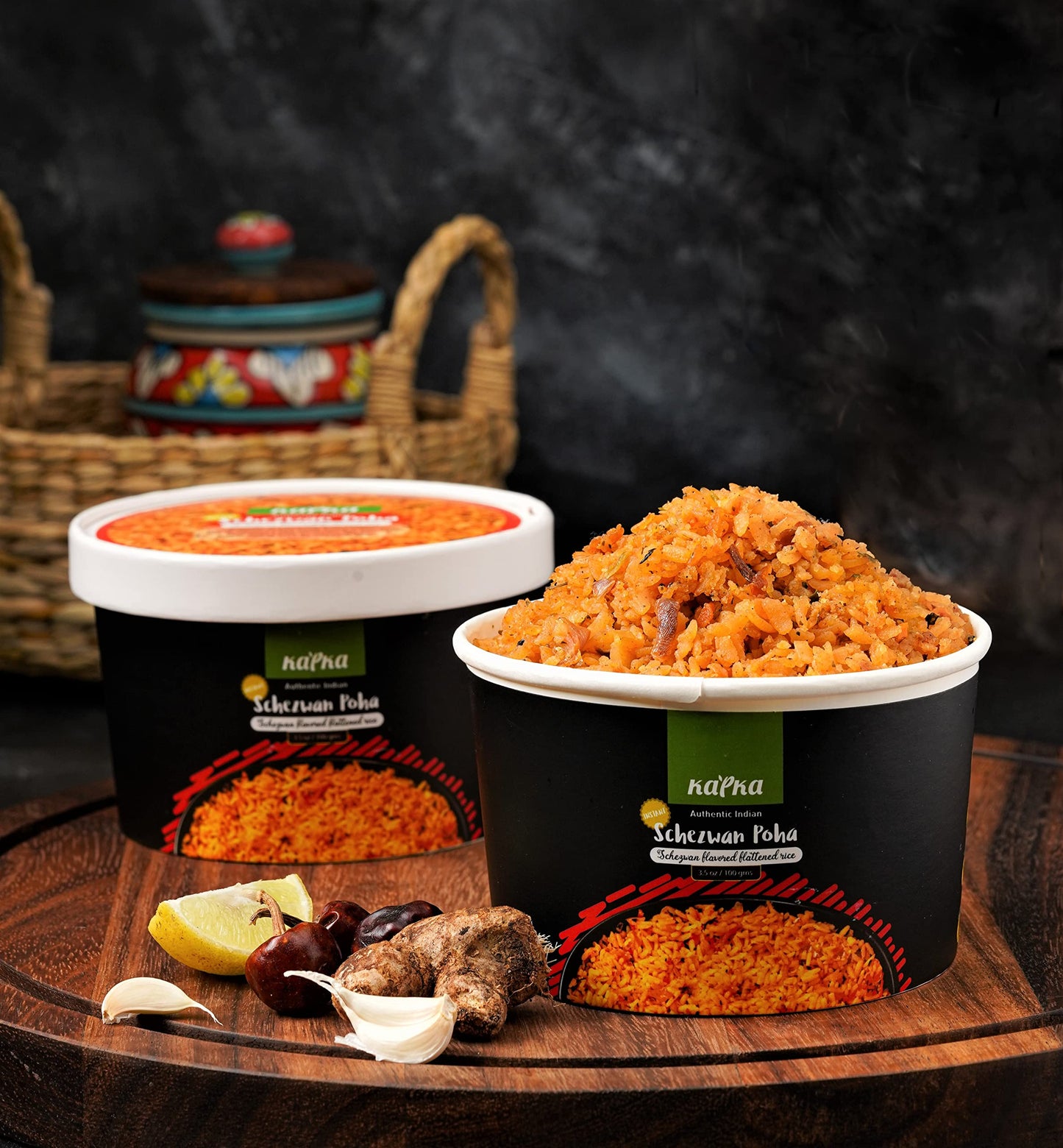 KAPKA Schezwan Poha Cups - Ready to Eat Vegan Meals - 5 Pack - 3.5oz/100g - Non-GMO