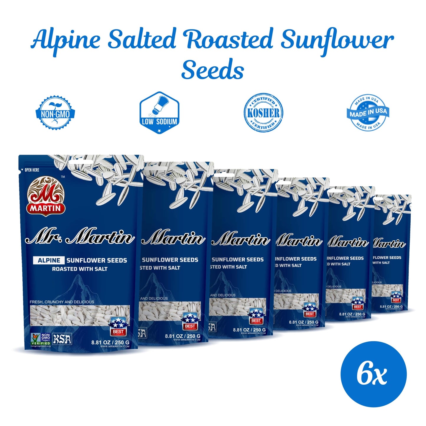 MR. MARTIN Jumbo Sunflower Seeds, Non-GMO, Vegan, Low Sodium, 8.81 Oz, Alpine Salted, 6 Pack