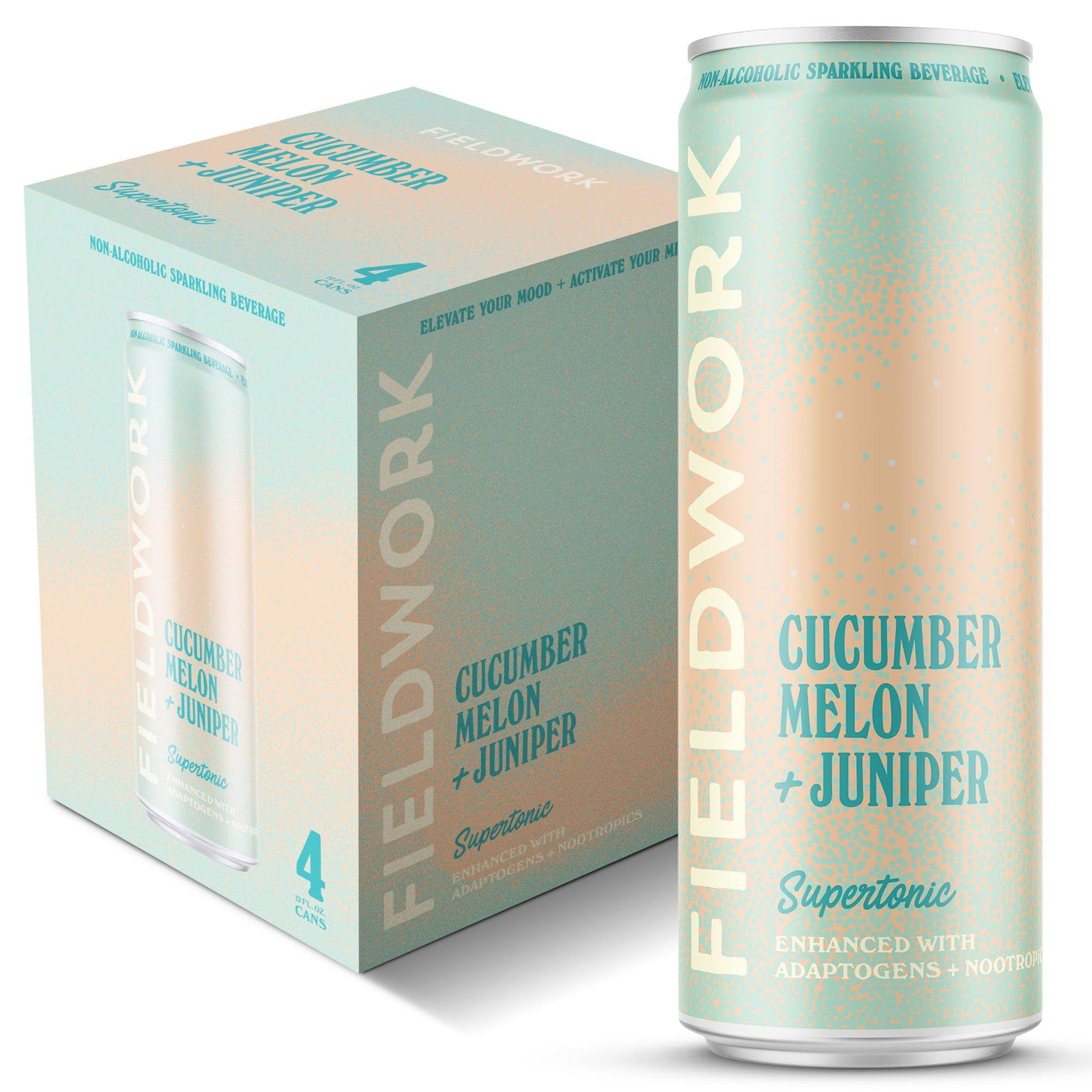 Fieldwork Supertonic Adaptogen Sparkling Drink with Nootropics, Cucumber Melon, 12 oz Cans, 4-Pack