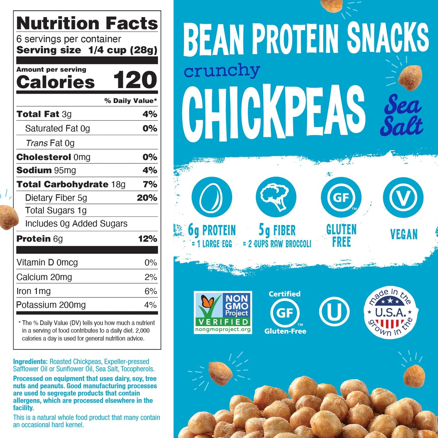 The Good Bean Crunchy Chickpeas - Sea Salt - (6 Pack) 6 Oz Resealable Bag - Roasted Chickpea Beans - Vegan Snack With Good Sourc