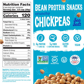 The Good Bean Crunchy Chickpeas - Sea Salt - (6 Pack) 6 Oz Resealable Bag - Roasted Chickpea Beans - Vegan Snack With Good Sourc