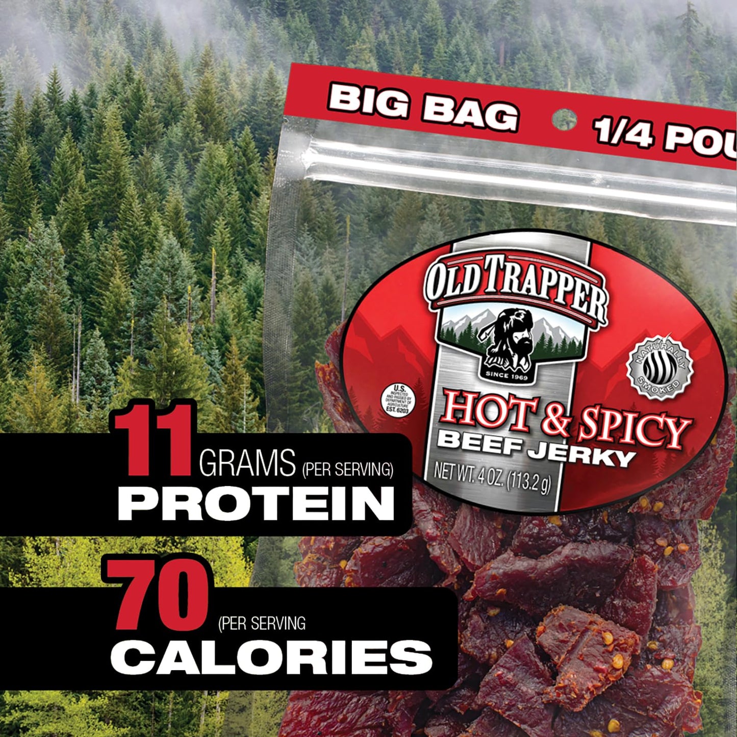 Old Trapper Beef Jerky, Hot & Spicy 1/4-Pound Individual Package, Savory And Spicy Meat Snacks For Lunches Or Between Meals, 11