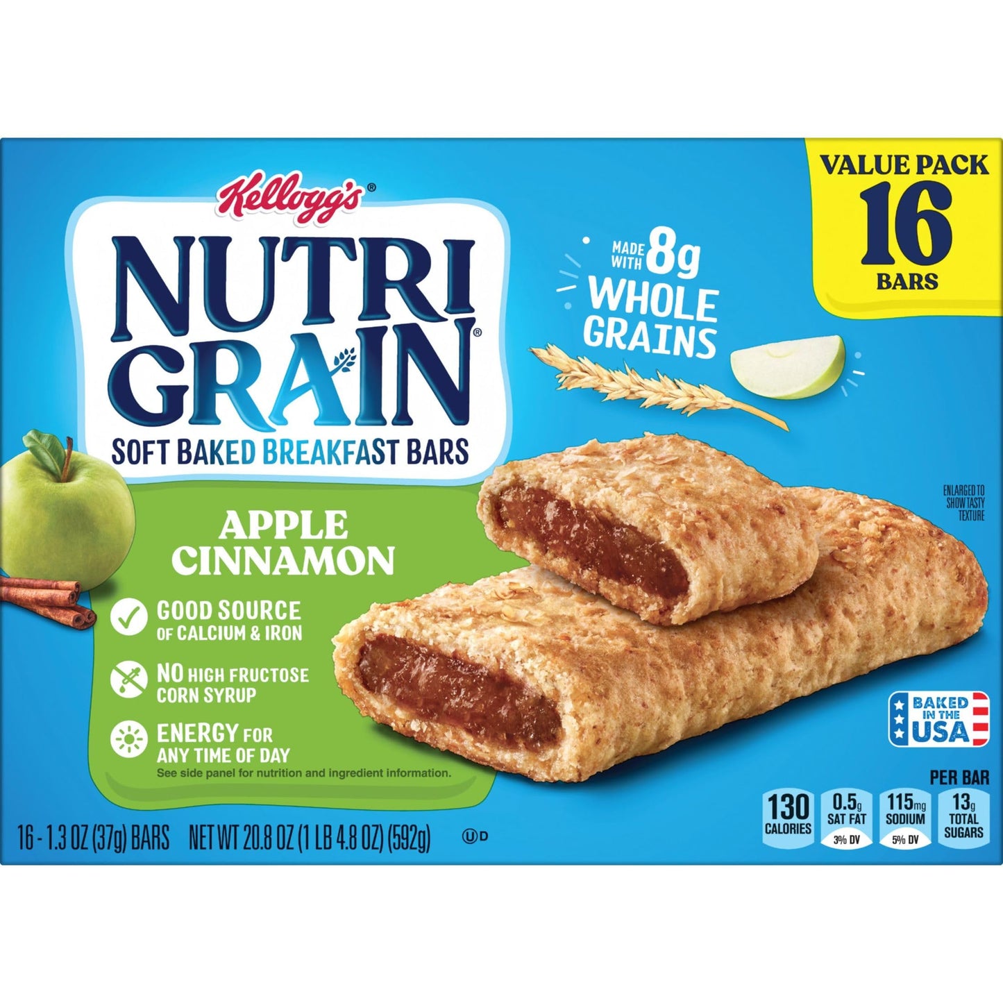 Nutri-Grain Breakfast Bars, Made with 10g Whole Grains, Snack Bars, Apple Cinnamon, 20.8oz Box (16 Count)