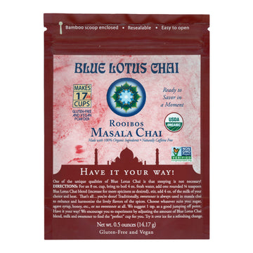 Blue Lotus Chai - Rooibos Masala Chai - Makes 17 Cups - 0.5 Oz Pouch Masala Spiced Chai Powder With Organic Spices - Instant Ind