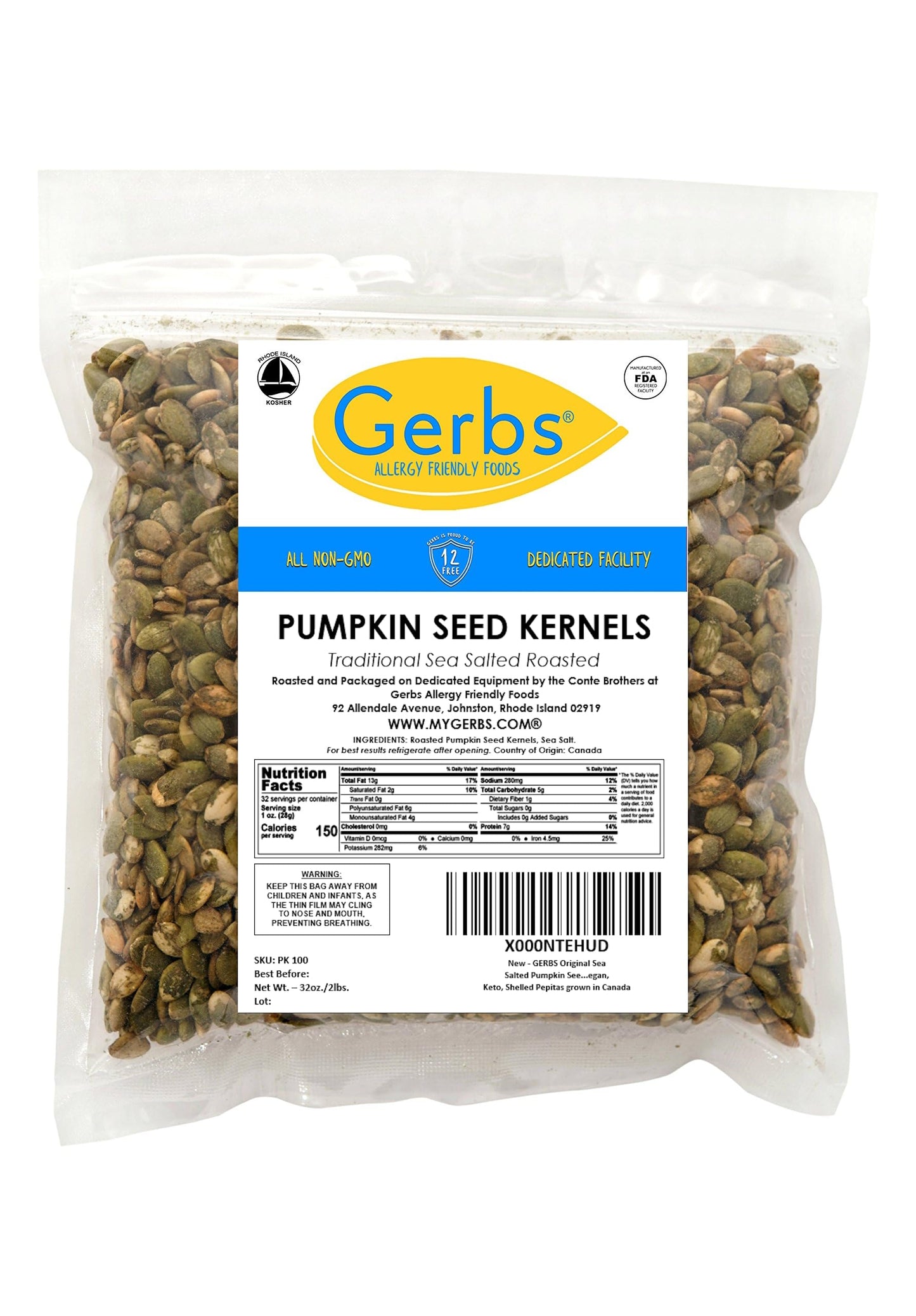 Gerbs Sea Salted Pumpkin Seed Kernels 2 Lbs|Top 14 Allergy Free Food |Use In Salads, Yogurt, Baking, Oatmeal, Trail Mix|Grown In Canada, Packed In Us