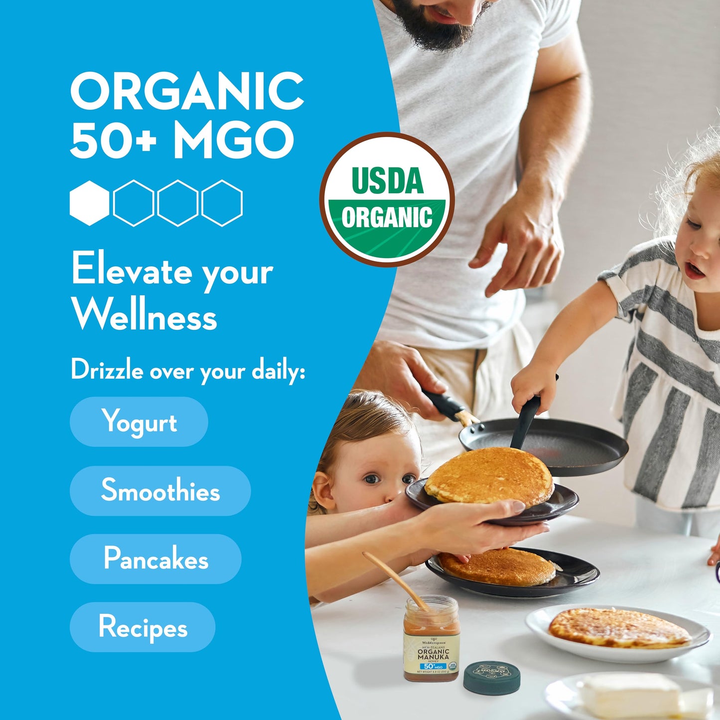 Wedderspoon Raw enhanced USDA Certified Organic Manuka Honey  50+ MGO  8.8 Oz  Unpasteurized New Zealand Honey  From Our Hives to Your Home