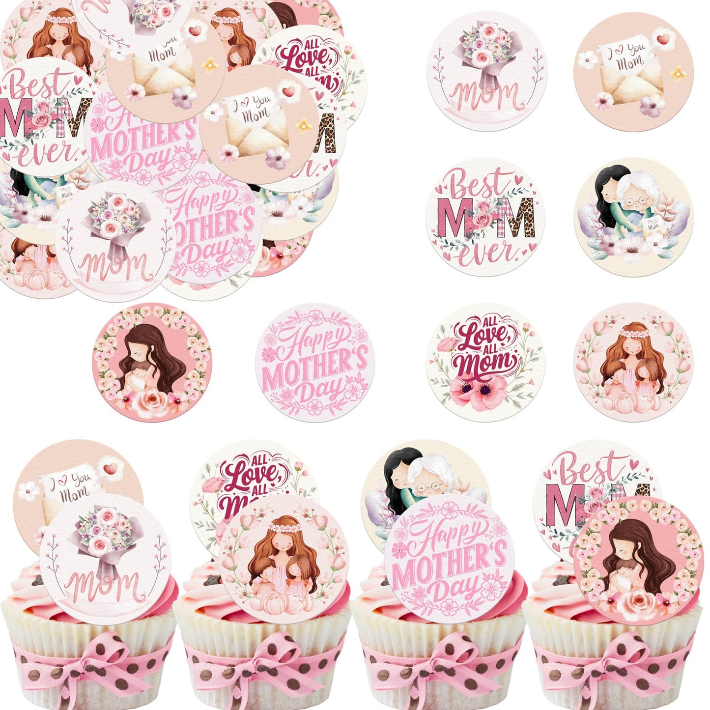 Fyeoxle 36pcs Edible Floral Happy Mother's Day Cupcake Toppers Wafer Paper Love Mom Thank You Mom Cupcake Picks Edible Flower Mo