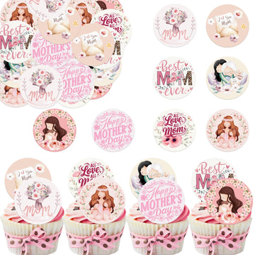 Fyeoxle 36pcs Edible Floral Happy Mother's Day Cupcake Toppers Wafer Paper Love Mom Thank You Mom Cupcake Picks Edible Flower Mo