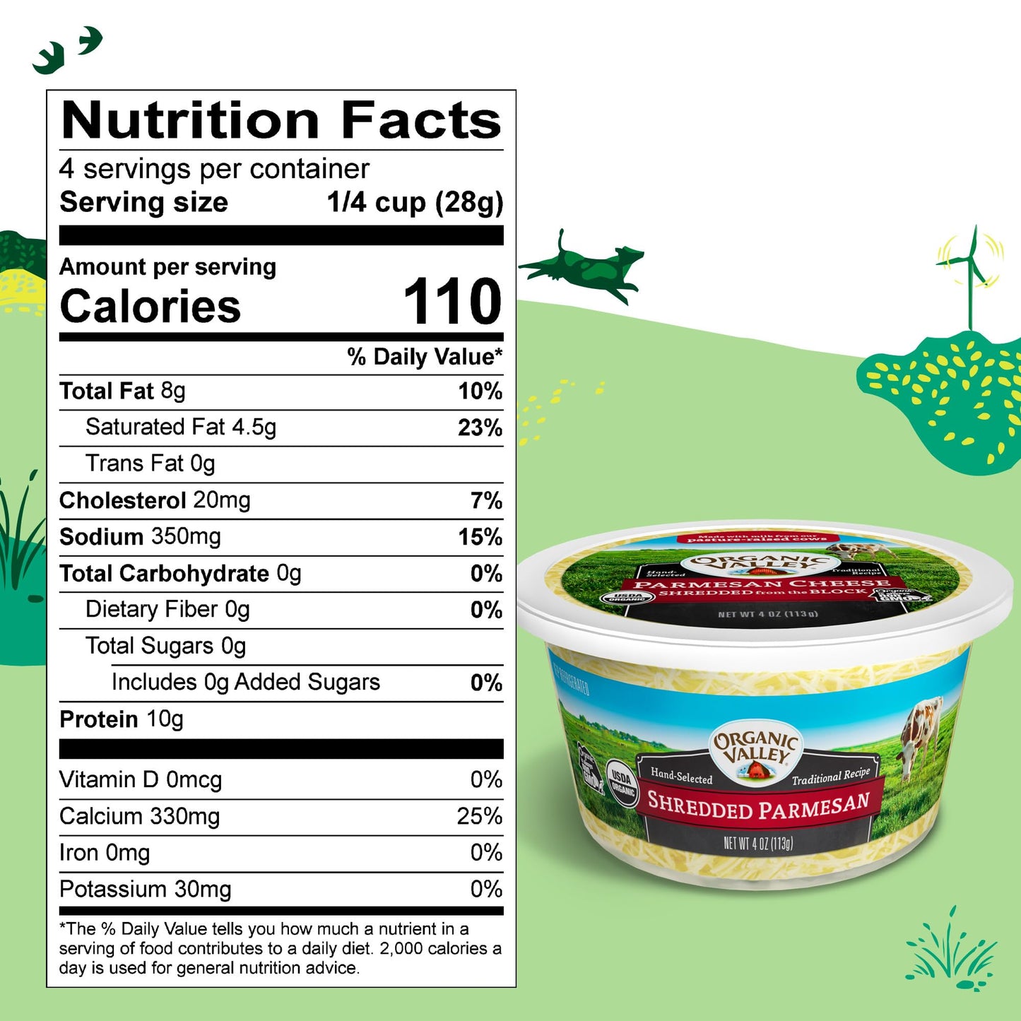 Organic Valley Parmesan Cheese in Tub, Shredded from the Block, Cows Milk, Zero Trans Fat, Non GMO, 4 Ounces (Pack of 12)