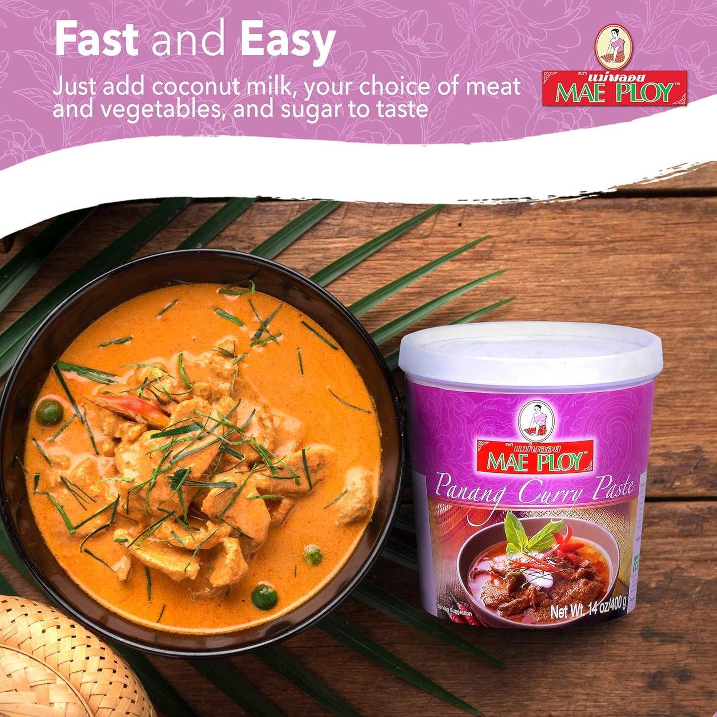 Mae Ploy Panang Curry Paste - Authentic Thai Flavor for Curries & Dishes, Aromatic Herbs & Spices, 14 oz Tub, No MSG