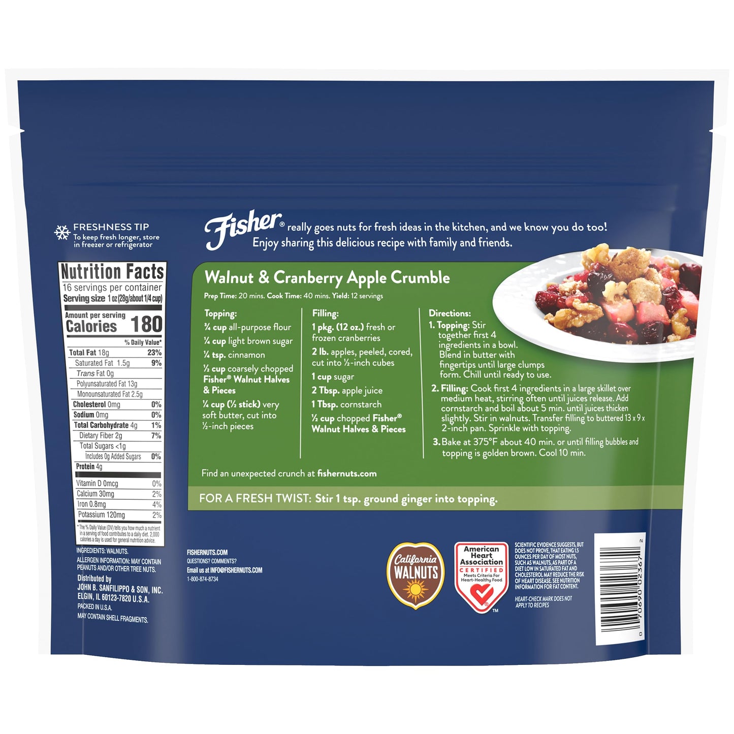 Fisher Walnut Halves & Pieces, 100% California Unsalted, 16 oz, Vegan Protein, Brown, Resealable Bag
