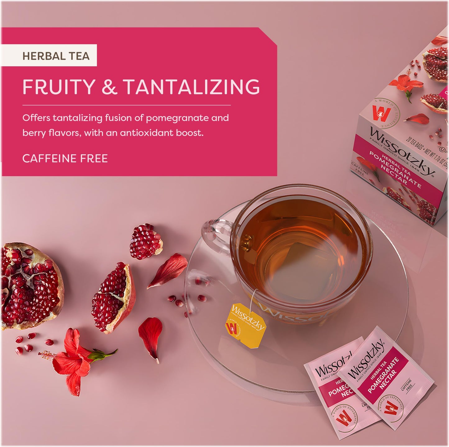 Wissotzky Herbal Tea Pomegranate - Caffeine Free, Antioxidant Rich, 6 Pack (120 Tea Bags)