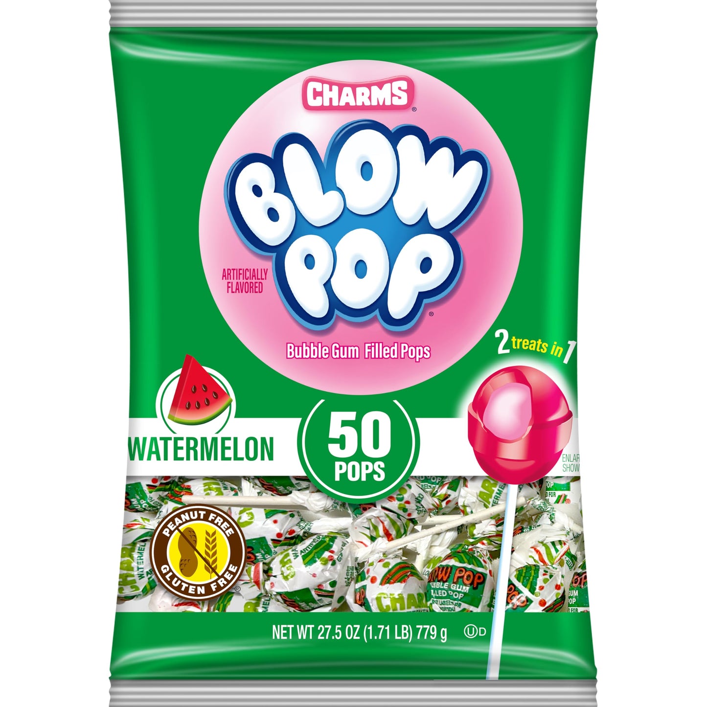 Charms Blow Pop Single Flavor Bag - Watermelon Flavored Lollipops With A Bubble Gum Center - Individually Wrapped Hard Candy - P