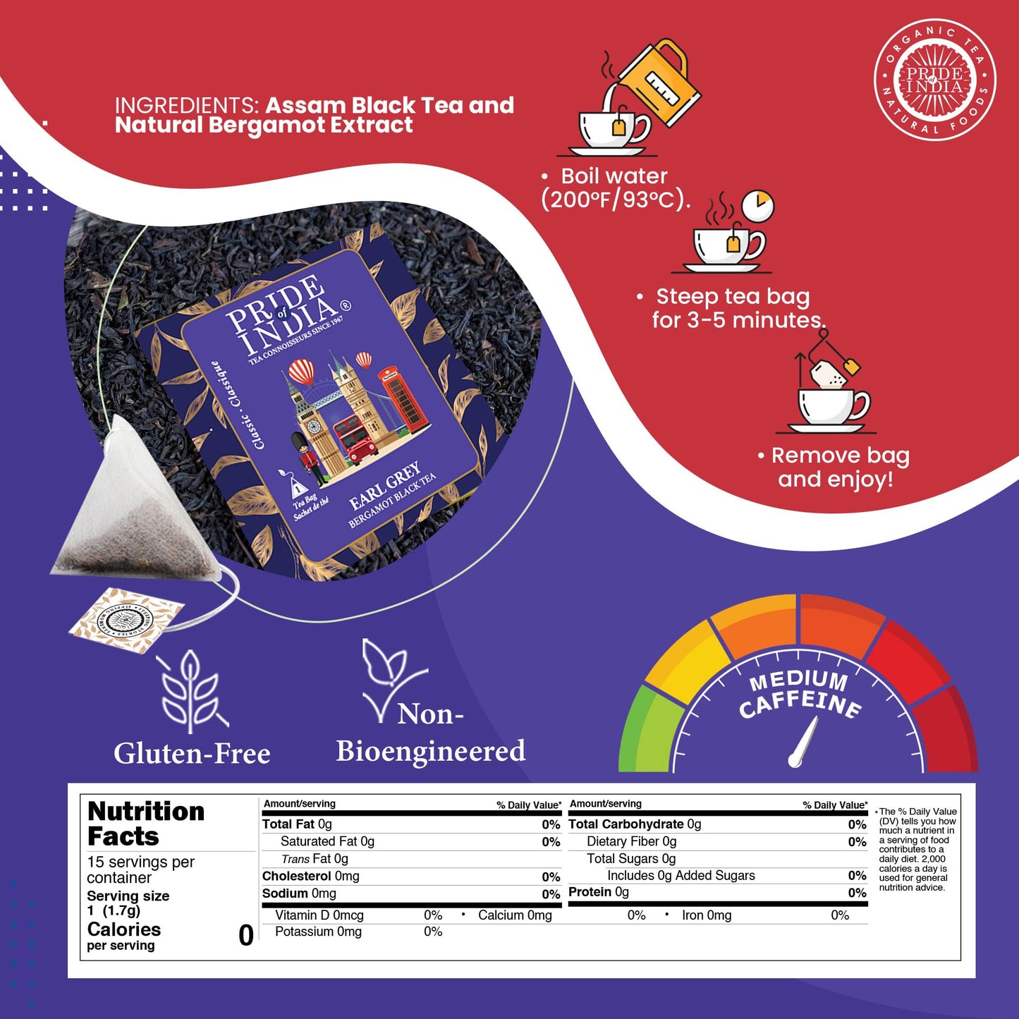 Pride Of India Earl Grey Black Tea - 15 Pyramid Bags, Full-Bodied Flavor, High Caffeine, Single Estate Certified, 25 Count