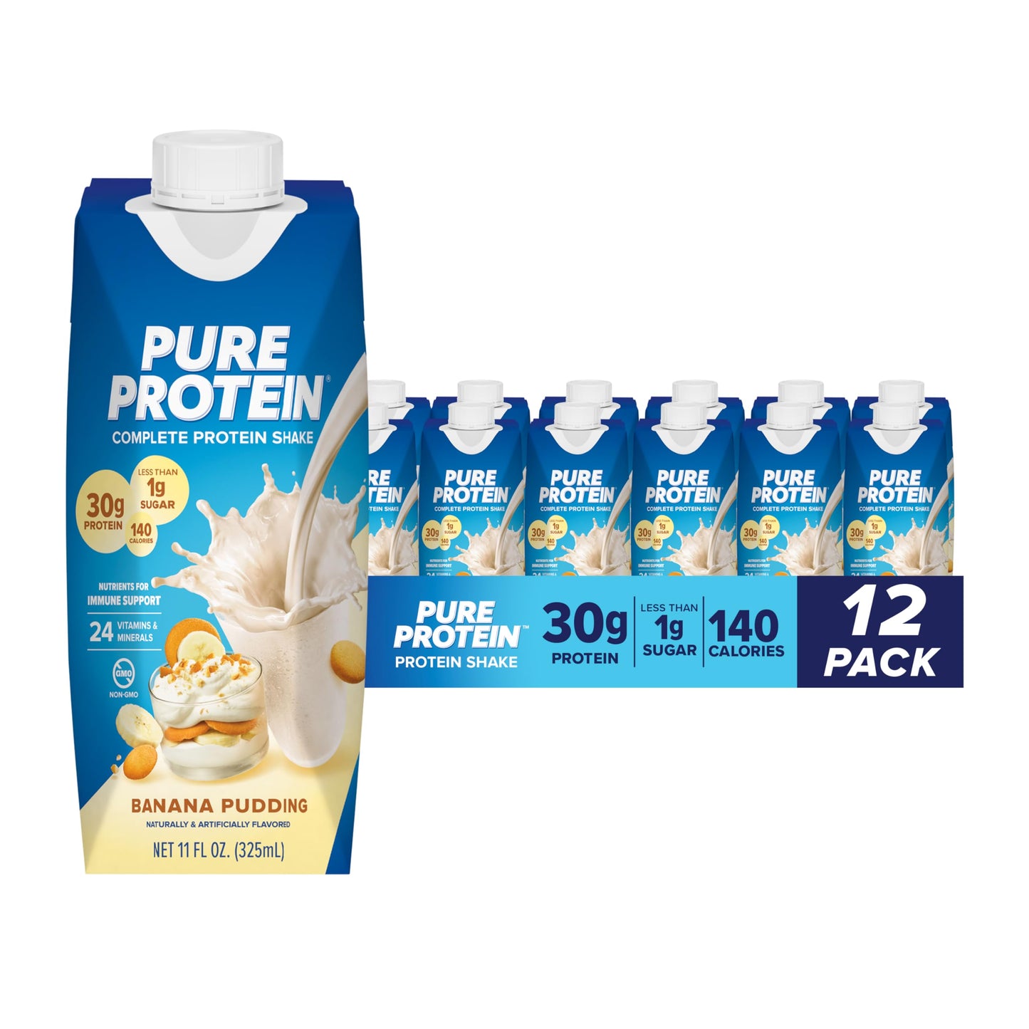 Pure Protein Complete Protein Shake  Banana Pudding  30g High Protein Drink  Less than 1g Sugar  3g Fiber  Ready to Drink  Non GMO  On-the-Go Shakes  11oz Bottles  12 Pack