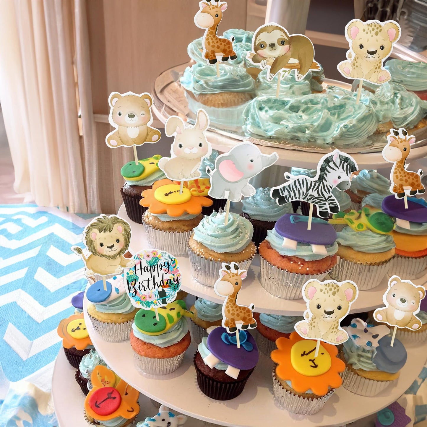 Gyufise 36Pcs Safari Animals Cupcake Toppers Jungle Animals Cupcake Picks Elephant Giraffe Lion Hippo Monkey Zebra Leaf Cake Dec