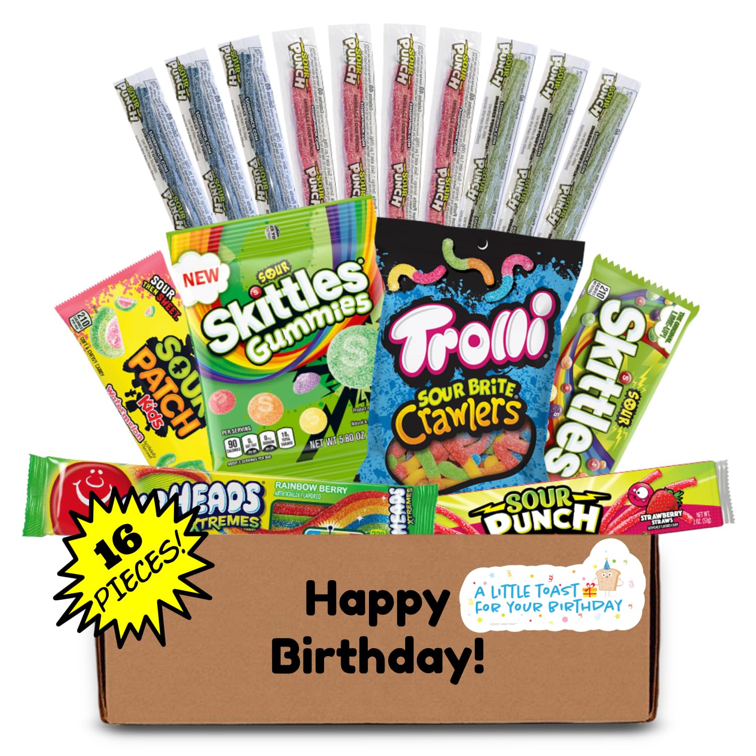 Hangry Kit Happy Birthday Sour Candy Kit - 16-Piece Variety Pack With All Your Favorite Sour Candy Classics In A 'Happy Birthday