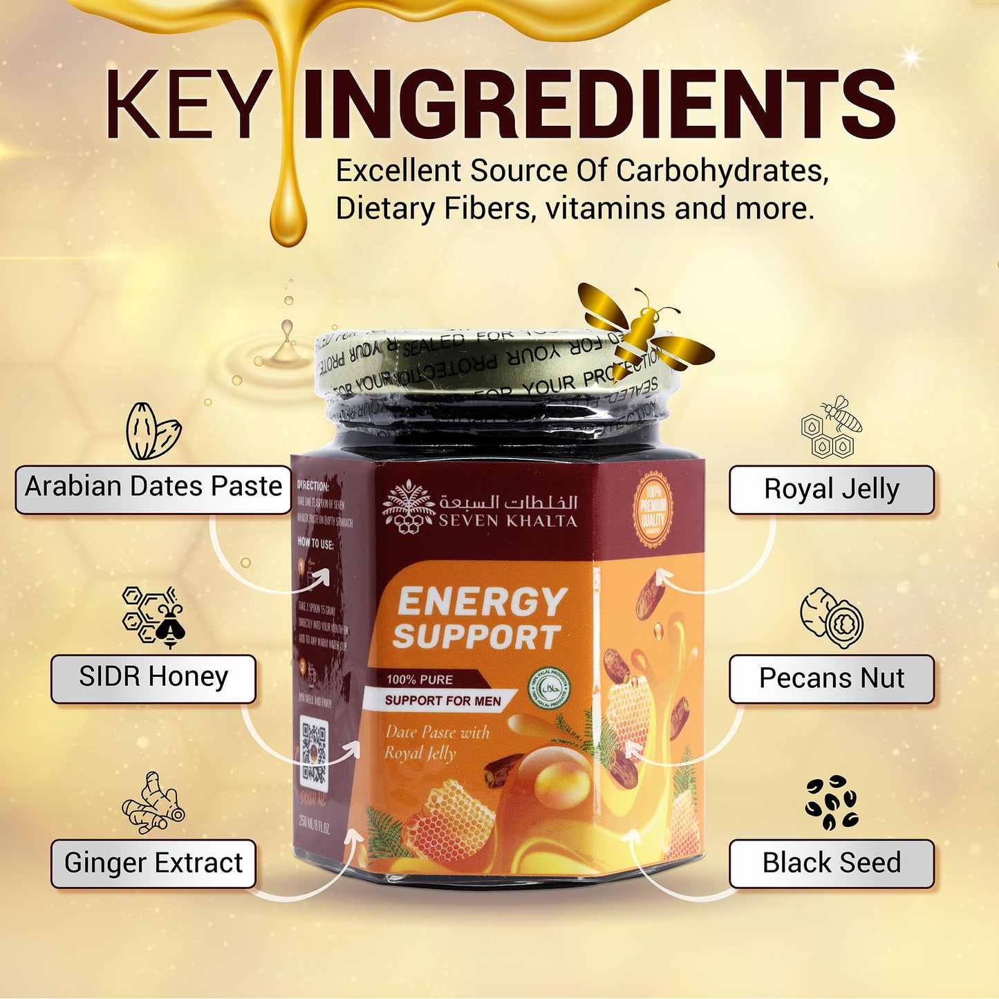 Seven Khalta Energy Support Men - 8Oz Pure Date Paste - Sidr Honey With Pecan Nuts, Ginger Extract - Black Seed - Delicious And
