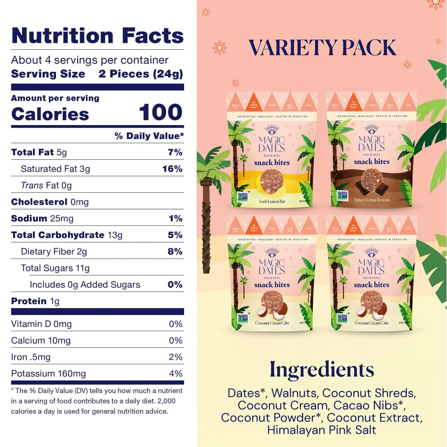 MAGICdATES Date Snack Bites Variety Pack – 4 Bags (16 Servings) Gluten-Free Vegan Paleo Plant-Based On-the-Go Snack