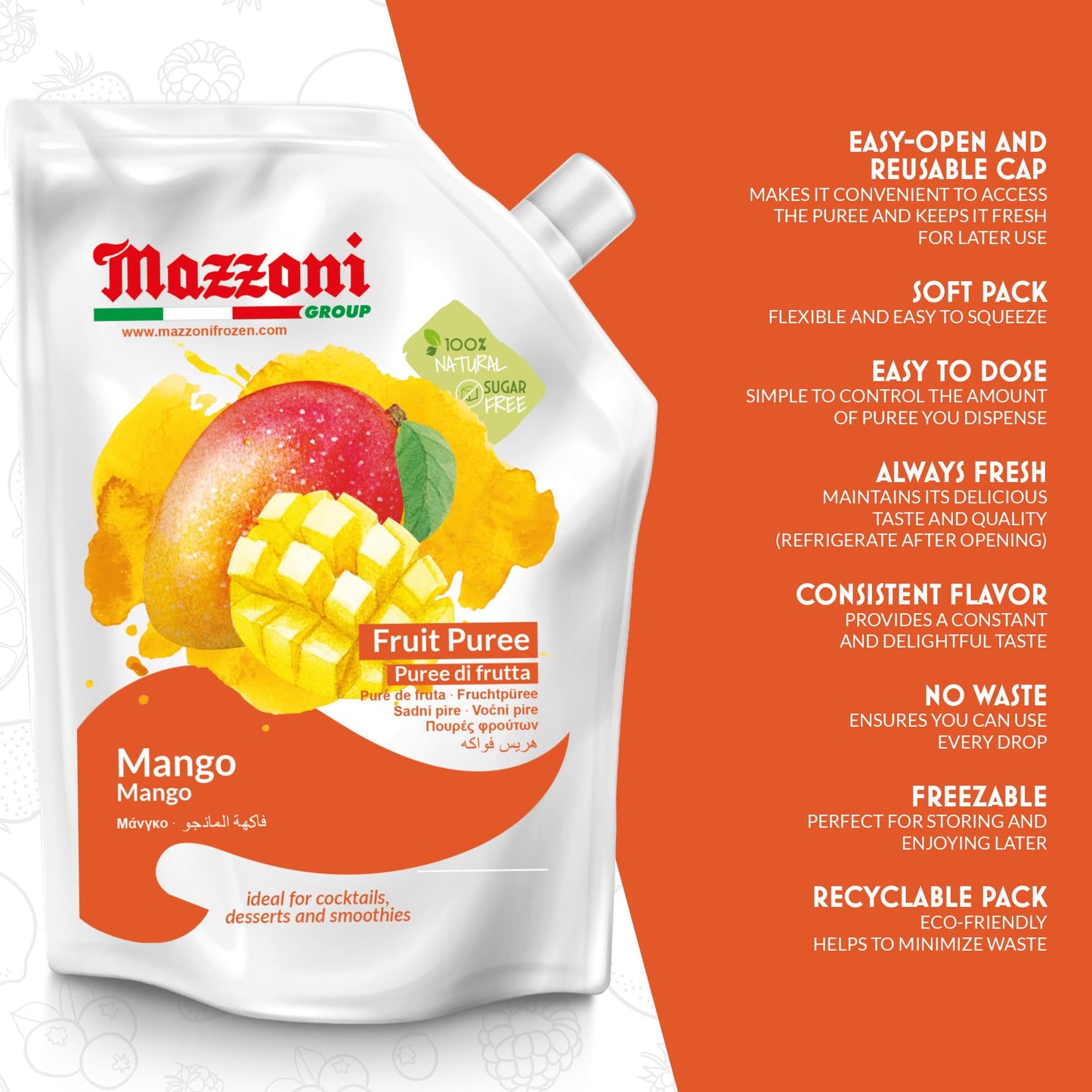 Mazzoni Mango Puree, 100% Pure Mango, Just Fruit, No Sugar Added, 2.2 Lbs (35.2 Oz) Real Fruit For Smoothies, Drinks, Cocktails,