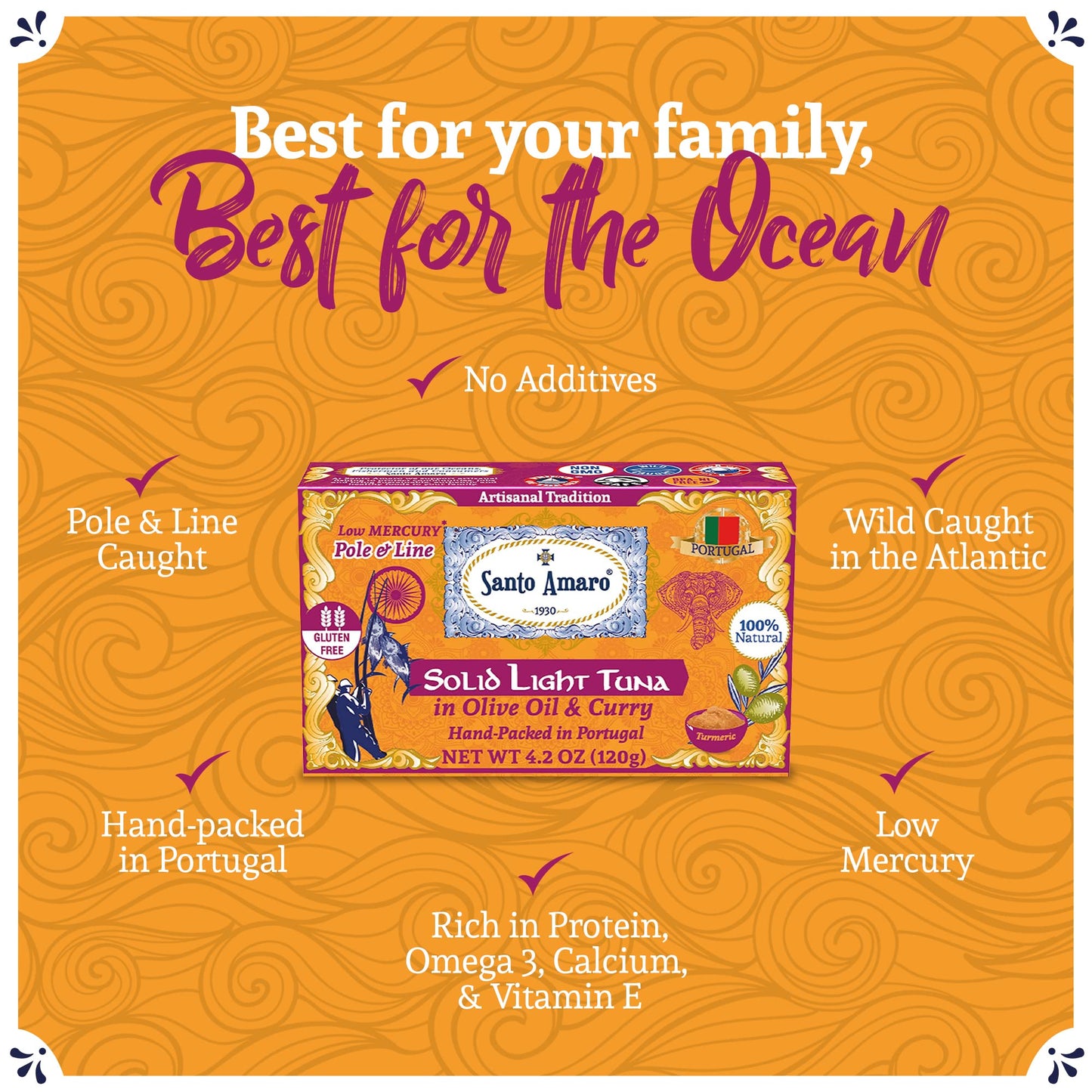 Santo Amaro Artisanal Wild Tuna Fillets in Olive Oil & Turmeric Curry, 4.2 oz (Pack of 3), Pole and Line Caught, 22g Protein