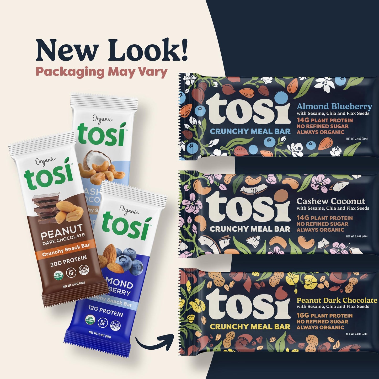 Tosi Meal Bars - Toasted Cashew, Crunchy Nut & Seed Vegan Snack Bars, 14g Plant Based Protein, Organic, Dairy, Soy & Gluten Free