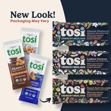 Tosi Meal Bars - Toasted Cashew, Crunchy Nut & Seed Vegan Snack Bars, 14g Plant Based Protein, Organic, Dairy, Soy & Gluten Free