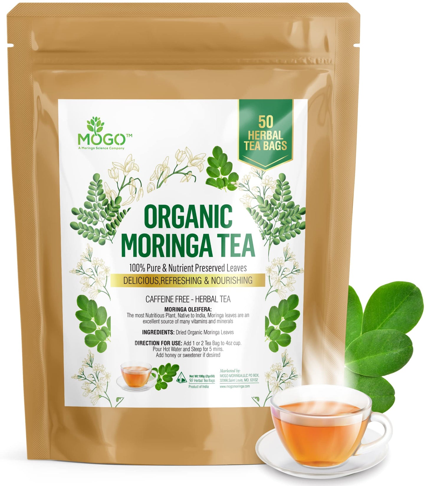 Mogo Organic Moringa Tea Bags - 50 Count,100% Pure,Caffeine Free,Rich Aroma And Taste, Enhanced Grade Moringa Tea Leaves, Antioxidants Rich Herbal Green Tea