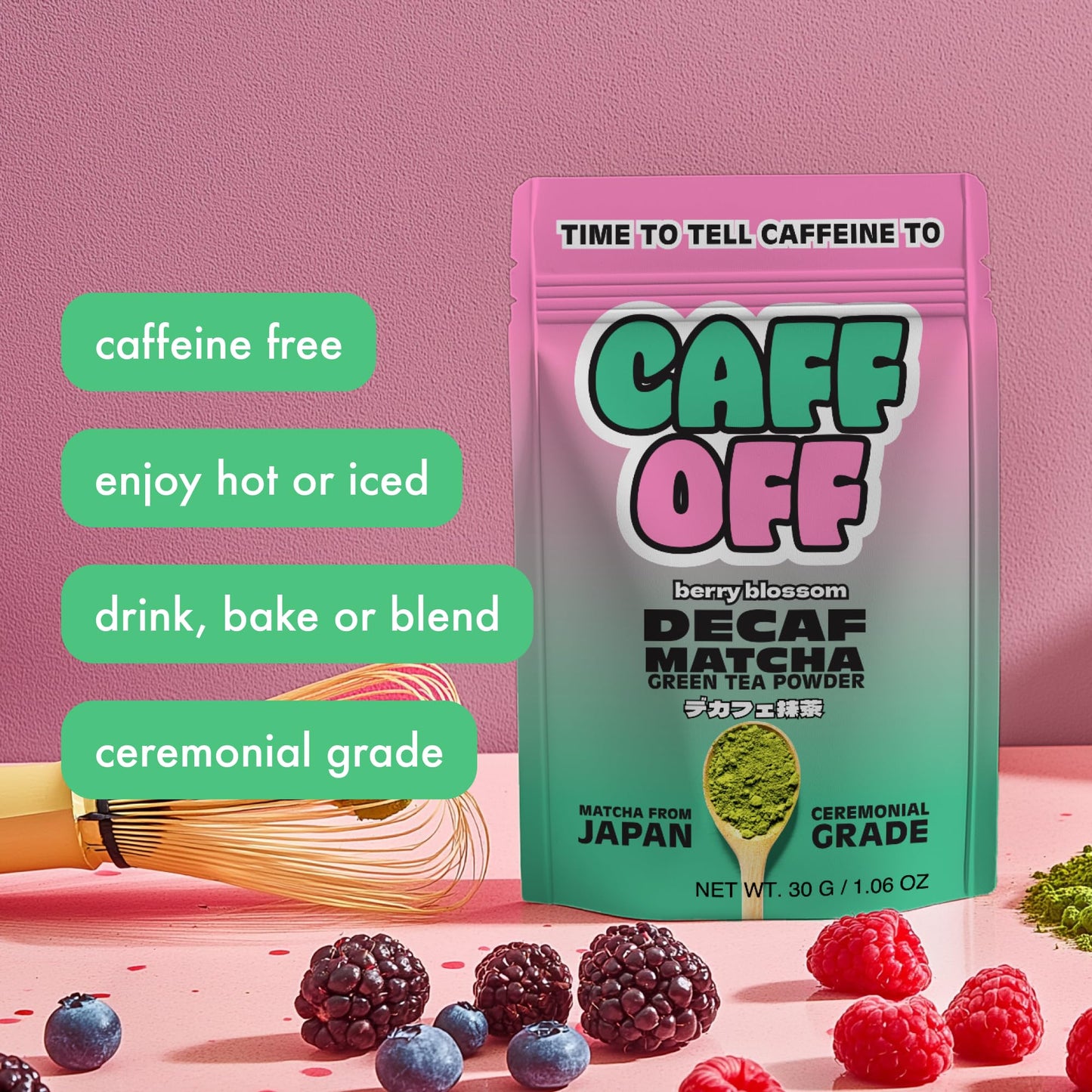 Caff Off Decaf Strawberry Matcha Green Tea Powder - Ceremonial Grade, Sugar-Free, 30 g, Naturally Decaffeinated, First Harvest