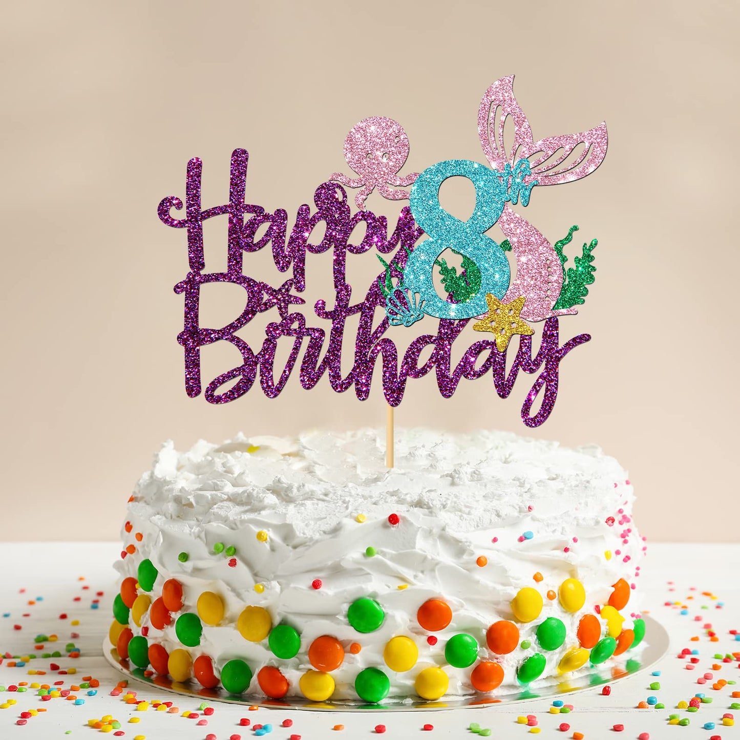 Roadsea Mermaid Happy 8Th Brithday Cake Topper - Under The Sea Theme Girl Kid Night Birthday Cake Supplies/Ocean World 8Th Merma