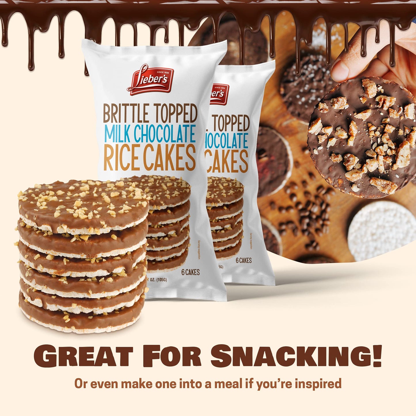 Liebers Thin Chocolate Rice Cakes, Kosher Certified Dairy And Dairy Free Options, Gluten Free Snack Pack Of 3 (Brittle Topped Mi