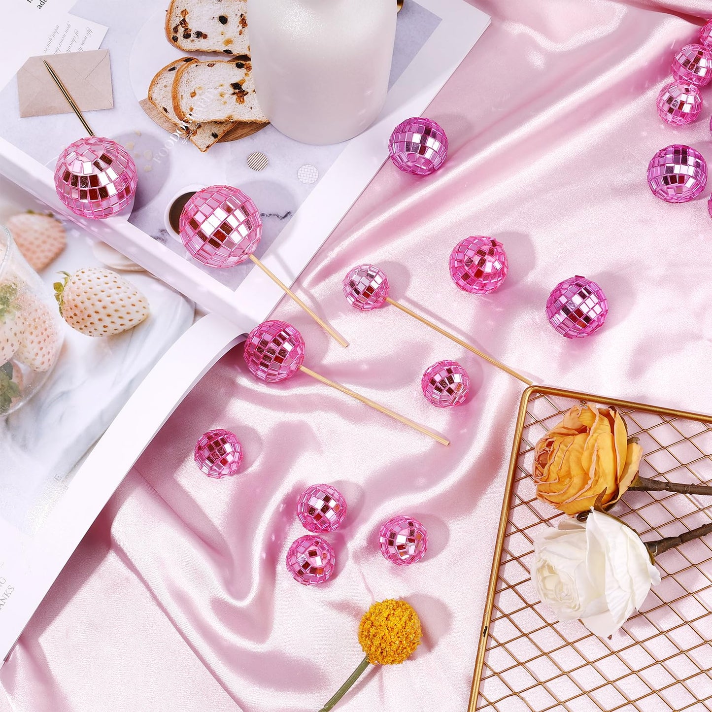 PEUTIER Disco Ball Cupcake Toppers, 30pcs Mini Picks for Dessert Decorations, Pink, Model G04106