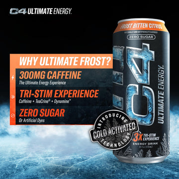 Cellucor C4 Ultimate Pre Workout Energy Drink, Sugar Free, 300mg Caffeine, Frost Bitten Citrus, 16oz (Pack of 12)