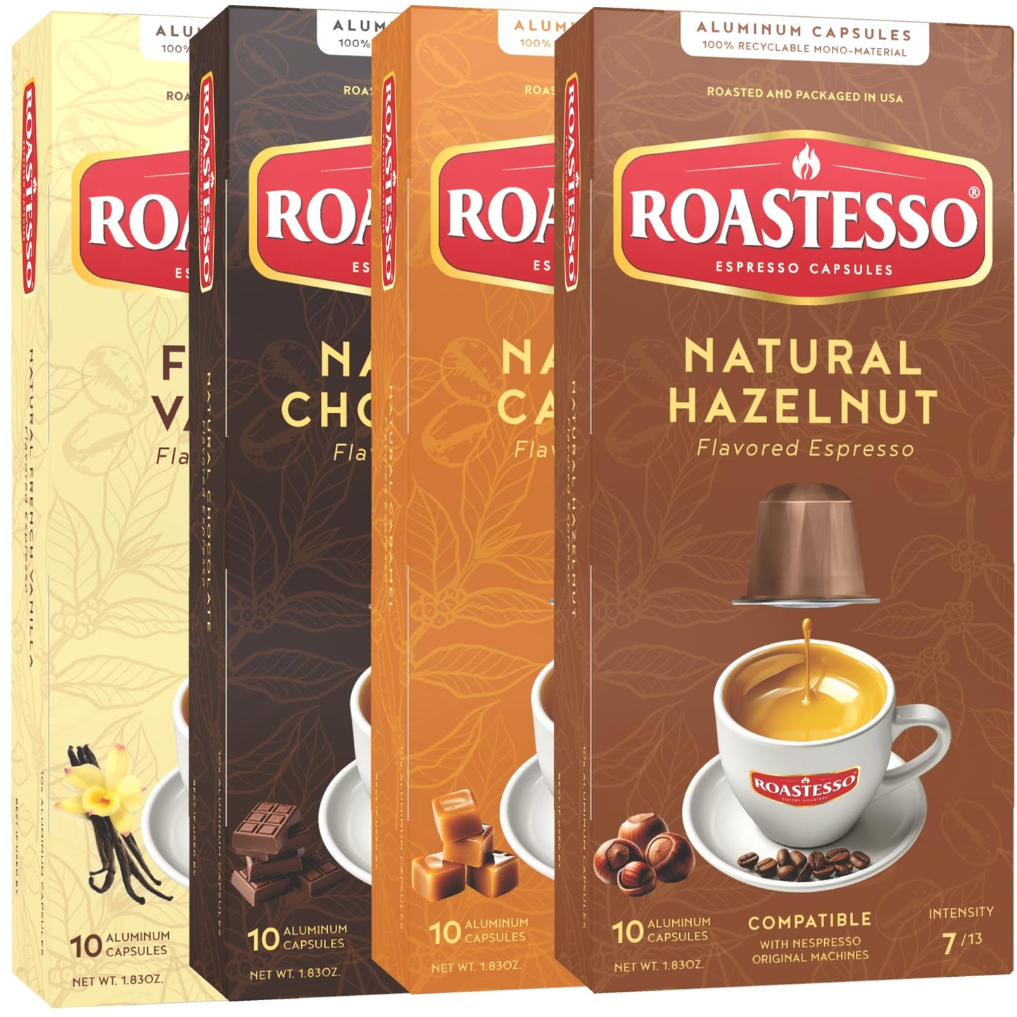 Roastesso Aluminum Espresso Capsules Variety Pack, Natural Flavors - French Vanilla, Caramel, Chocolate, Hazelnut, 40 Count