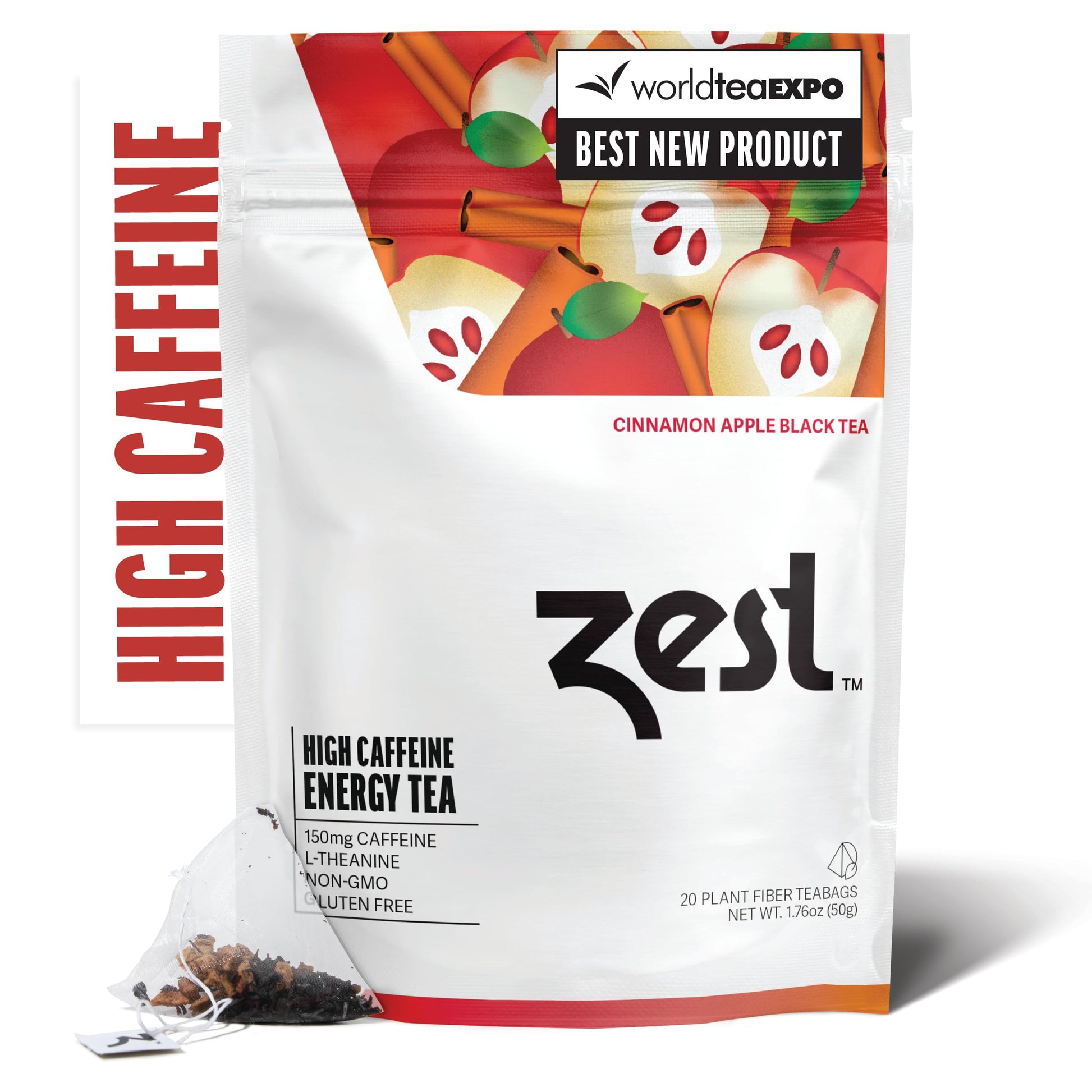 Zest Cinnamon Apple Spice Energy Tea Bags - High Caffeine Black Tea, 150mg Caffeine, 20 Count Pack, Non-GMO, Red