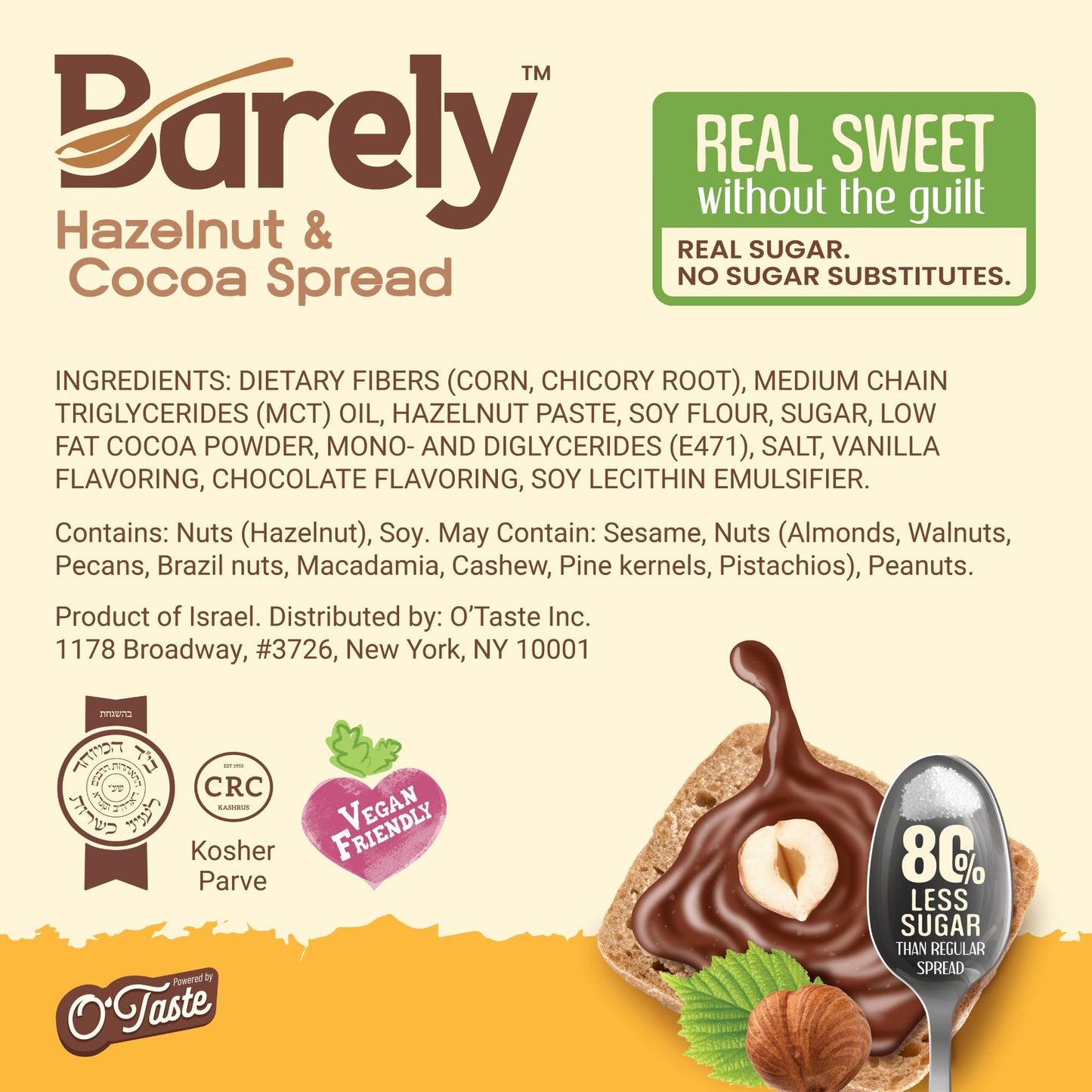 Barely Hazelnut & Cocoa Spread, Low Sugar, Vegan, Keto Friendly, 3.2g Cane Sugar, Pack of 1, Model COCOASP1PACK01