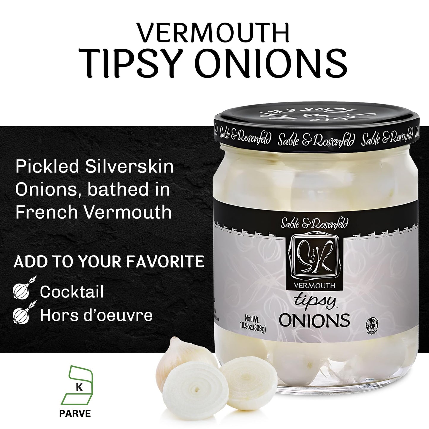 Sable & Rosenfeld Tipsy Onions - Pickled Silverskin & Pearl Onions - 10.9 Ounce (Pack of 3) - Ideal for Cocktails & Appetizers